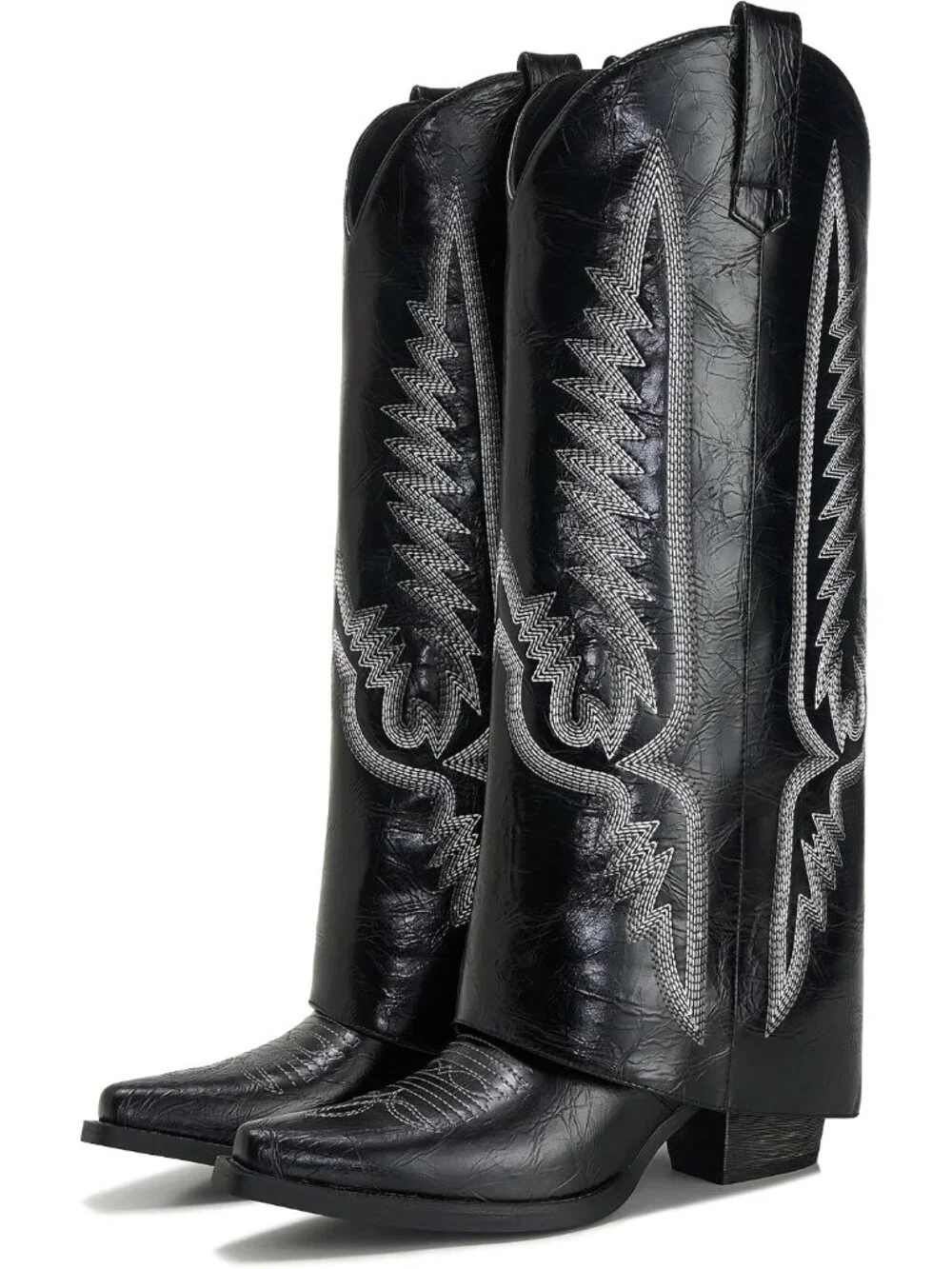 Women's Black 1 Pointed Toe Wedge Heel Side Zipper Knee High Shark Boots